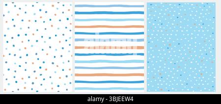 Niedliche Pastellfarbe Geometrische Nahtlose Vektormuster. Orangefarbene, blaue und gelbe Polka-Punkte und -Streifen auf weißem Hintergrund. Winzige Dreiecke auf Pink. Stock Vektor