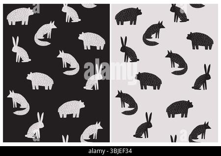 Bär, Hase und Fuchs isoliert auf einem beigen und schwarzen Hintergrund. Abstrakt Hand gezeichnetes Waldvektormuster. Schwarzes und beiges skandinavisches Muster. Stock Vektor