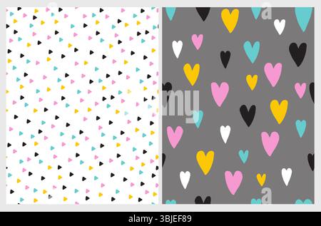 Bunte nahtlose Vektormuster mit unregelmäßigen handgezeichneten Sternen und Herzen auf Einem weißen und grauen Hintergrund. Kindliches Muster mit Dreiecken und Sternen. Stock Vektor