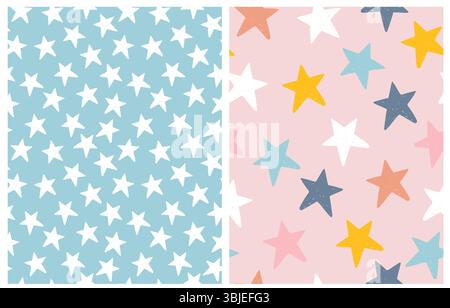 Niedliche Pastellfarben Stern Nahtlose Vektormuster. Unregelmäßiger Handgezeichneter Einfacher Sternendruck. Weiße Grunge Sterne isoliert auf hellblauem Hintergrund. Stock Vektor