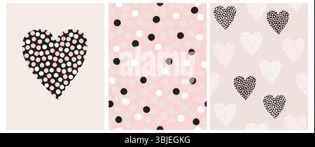 Einfache handgezeichnete unregelmäßige Herzen und Punkte Vektormuster und Karte. Schwarze, weiße und beige Punkte auf rosafarbenem Hintergrund.Valentinskarte.Geometrischer Druck. Stock Vektor