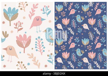 Nahtloses Vektormuster Mit Blumenmuster. Abstraktes Freihand-Blumen- und Vogelmotiv. Pastellfarbe Hand gezeichnete Blumen und Vögel auf einem Beige und Blau Hintergrund. Stock Vektor