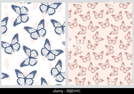 Set von einfachen handgezeichneten nahtlosen Vektor-Mustern mit blauen und blassrosa Schmetterlingen. Silhuette der Schmetterlinge auf weißem und beigem Hintergrund. Stock Vektor