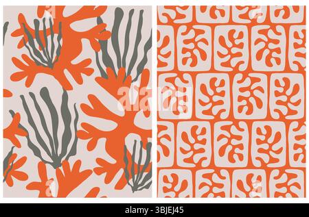 Abstrakte Seefloora Nahtlose Vektormuster. Rote und rosafarbene handgezeichnete Korallen isoliert auf einem beigefarbenen Hintergrund. Unregelmäßiges Blumenmuster. Unterwassergarten. Stock Vektor