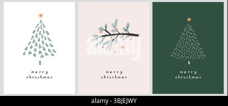 Frohe Weihnachten. Frohe Feiertage. Einfache Weihnachtsbäume im infantilen Stil und Zweig mit roten Kugeln isoliert auf einem weißen, beigefarbenen und grünen Hintergrund. Stock Vektor