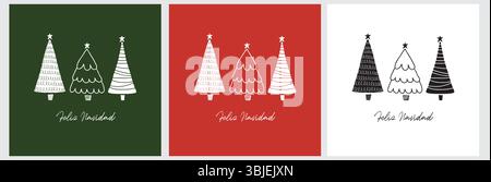 Feliz Navidad - Frohe Weihnachten. Spanische Weihnachtsvektorkarte mit handgezeichneten Bäumen isoliert auf einem grünen, roten und weißen Hintergrund. Stock Vektor