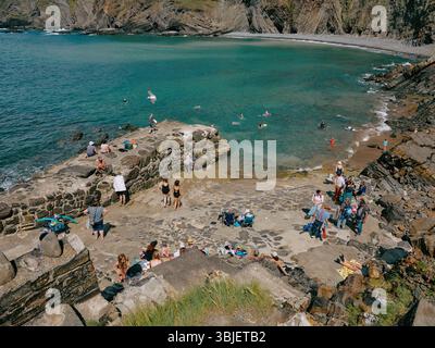 Sommerbesucher genießen den Strand am Hartland Quay, North Devon Coast England Großbritannien Stockfoto