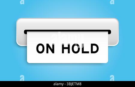 Weißes Coupon-Banner mit Wort auf der Warteschleife von der Maschine auf blauem Hintergrund Stock Vektor