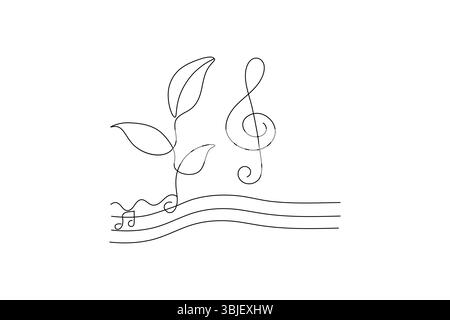 Musik einzeilige Kunst durchgehende einzeilige Zeichnung eines isolierten Konturvektorsymbols Stock Vektor