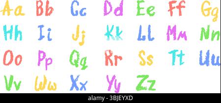 Buntes englisches Alphabet, handgezeichnet in einem Buntstift. Großbuchstaben und Kleinbuchstaben in Kreide, Pastellfarben oder Wachs. Textmarker-Effekt an Bord für Stock Vektor