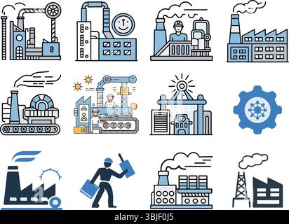 Industrielle Fabrikvektorsymbole – Fertigung, Automatisierung und Produktionsdesign Stock Vektor