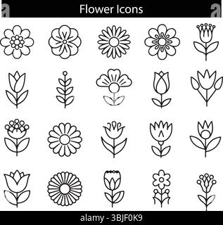 Minimal Flower Icons Set – Botanische Line Art Floral Vector Collection Stock Vektor
