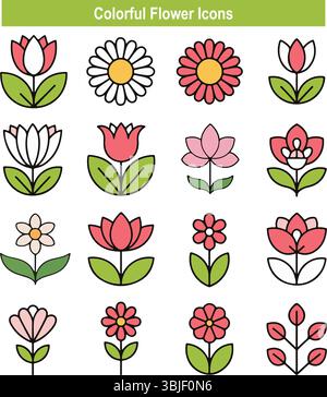 Bunte Blumensymbole – Niedliches Blumenclipart, Botanischer Vektor-Grafik-Set Stock Vektor