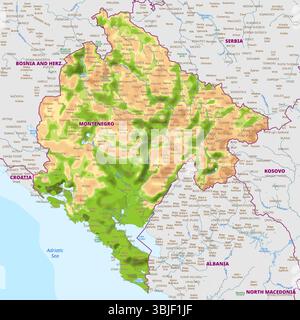 Detaillierte physische Karte von Montenegro Stock Vektor