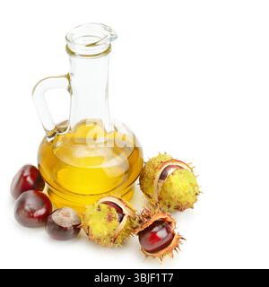 Rosskastanienfrucht und -Öl isoliert auf weißem Hintergrund. Freier Platz für Text. Stockfoto