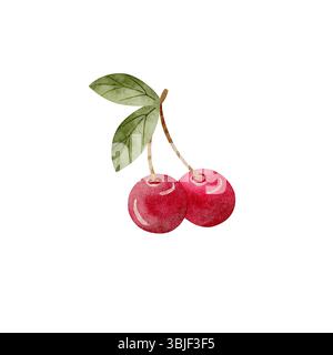 Aquarellillustration der saftigen Kirschfrucht mit grünen Blättern Zweig von zwei Beeren rote Hand gezeichnet auf isoliertem Hintergrund für Verpackungsdesign Stockfoto