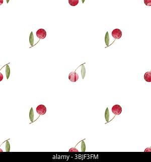Muster Kinderbeeren Kirschen grüne Blätter Aquarellillustration Obst handgezeichnet. Nahtloser, einfacher minimalistischer Druck auf isoliertem Hintergrund Stockfoto