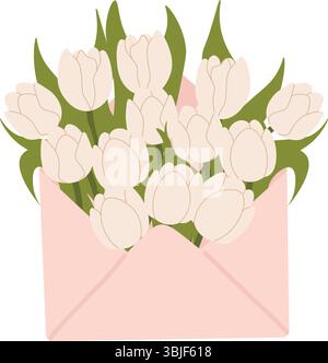 Strauß beiger Tulpen im Umschlag. Frühlingsstimmung. Florale Illustration in einem weichen, eleganten Stil für Frühlingsferien und Muttertag. Vektorillustraten Stock Vektor