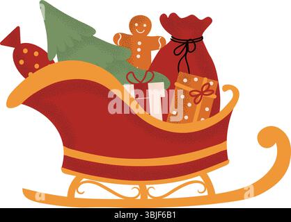 Festlicher Santa Claus Schlitten voller Geschenke. Traditionelle Weihnachts- und Neujahrsdekoration. Vektorabbildung Stock Vektor