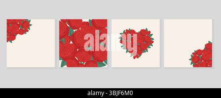 Set mit Valentinstag-Bannern für Social-Media-Beiträge. Hintergründe mit Rosenblüten. Kreatives Konzept für Einladung, Karte, Cover. Vektorillustratio Stock Vektor