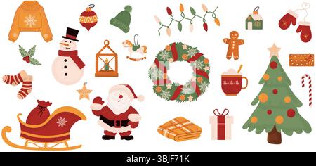 Große Auswahl an weihnachtlichen Designelementen. Sammlung wunderschöner dekorativer Elemente mit Weihnachtsmann, Geschenke, Pelzbaum, Kränze. Vektorillustraten Stock Vektor