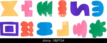 Set aus hellen abstrakten geometrischen Formen mit Kornstruktur. Farbenfrohe moderne Designelemente für kreative Projekte, Poster, verspielte Kompositionen oder Stock Vektor