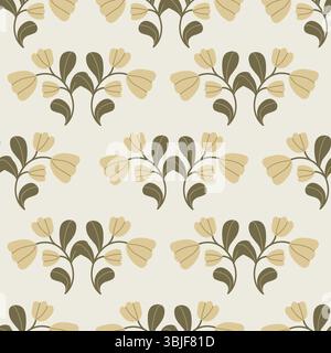 Nahtloses botanisches Muster mit stilisierten Blumenzweigen und Blättern auf cremefarbenem Hintergrund. Elegantes und minimalistisches Design – ein natürliches, Vintage-inspiriertes Design Stock Vektor