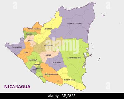 Karte der Regionen und Verwaltungsabteilungen Nicaraguas Stock Vektor