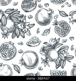 Nahtloses Granatapfelmuster. Handgezeichnete Vektorgrafik. Hintergrundinformationen zu Lebensmitteln. Stoffdesign, Geschenkpapier, Textildruck Stock Vektor