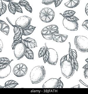 Nahtloses Zitronen-Muster. Handgezeichnete Skizze Vektor Kalk Illustration. Hintergrundinformationen zu Lebensmitteln. Stoffdesign, Geschenkpapier, Textildruck Stock Vektor