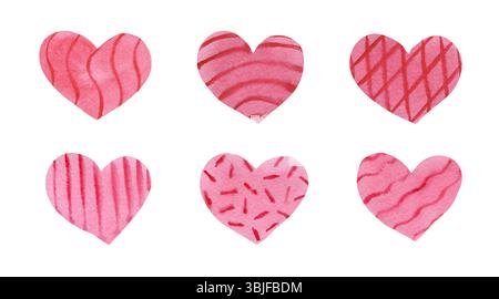 Set aus rosafarbenen Herzen strukturierte Aquarelllinien Streifen Streifen mit kariertem handgezeichnetem Nass-Effekt auf Papier Stockfoto