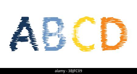 Handgezeichnete lateinische Buchstaben ABCD. Moderne Großbuchstaben und Schriftart. Mehrfarbige Symbole auf weißem Hintergrund. Vektorabbildung. Stock Vektor