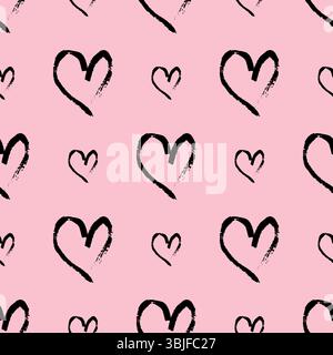 Nahtloses Muster mit handgezeichneten Herzen. Doodle Grunge schwarze Herzen auf rosa Hintergrund. Vektorabbildung. Stock Vektor