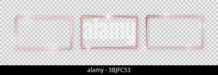 Doppelter rechteckiger, glänzender Rahmen mit Leuchteffekten. Set aus drei rechteckigen Doppelrahmen aus Roségold mit Schatten auf transparentem Hintergrund. Vektor Stock Vektor