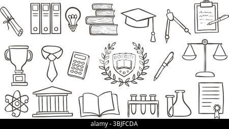 Niedliche handgezeichnete Universitäts-Doodle-Symbole, perfekt für Blogs, soziale Medien, Drucke und Bastelprojekte. Insgesamt 27 Icon-Designs. Vektorillustratio Stock Vektor