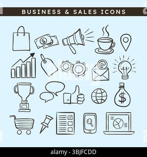 Niedliche handgezeichnete Marketing-Doodle-Symbole, perfekt für Blogs, Drucke und Bastelprojekte. Enthält insgesamt 20 verschiedene Symbole. Vektorabbildung. Stock Vektor