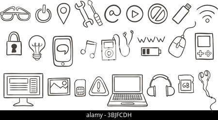 Niedliche handgezeichnete Technologie-Doodle-Symbole, perfekt für Blogs, soziale Medien, Drucke und Bastelprojekte. Insgesamt 26 Icon-Designs. Vektorillustratio Stock Vektor