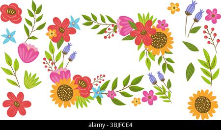 Niedlicher handgezeichneter, farbenfroher Blumenrahmen und isolierte Gegenstände, perfekt für die Dekoration von Oberflächen, Drucken und Bastelprojekte. Insgesamt 17 Einzelposten. Stock Vektor