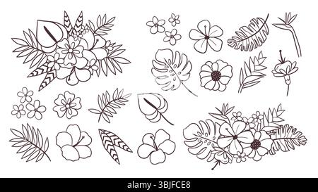 Niedliches handgezeichnetes Set aus tropischen Blumen und Komposition, perfekt für die Dekoration von Oberflächen, Drucken und Bastelprojekte. Insgesamt 22 Artikel. Vecto Stock Vektor