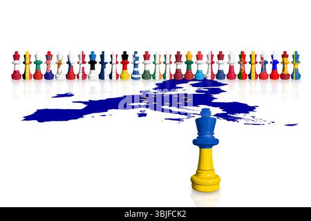 Schach aus EU-Mitgliedsflaggen. Der Weg der Ukraine zur EU Stockfoto