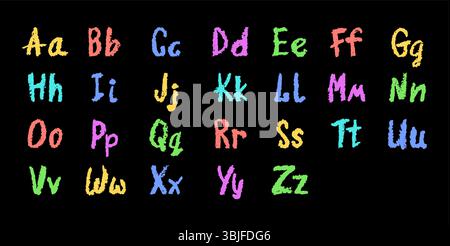 Buntes englisches Alphabet, handgezeichnet in einem Buntstift. Großbuchstaben und Kleinbuchstaben in Kreide, Pastellfarben oder Wachs. Textmarker-Effekt an Bord für Stock Vektor