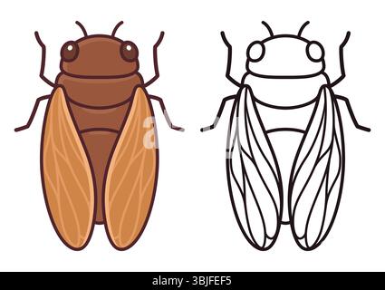 Zeichentrickzeichnung der Zikada. Farbige Illustration und Schwarzweiß-Strichgrafik zum Ausmalen. Symbol für handgezeichnete Vektoren. Stock Vektor