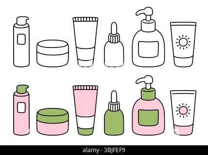 Niedliche Cartoon-Hautpflegeprodukte kritzeln. Symbole für Schwarzweiß-Linien und Farbsatz. Koreanische Schönheitsprodukte. Vektor-Clipart-Illustration. Stock Vektor