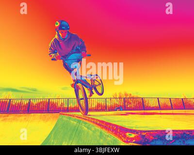 Infrarot-Wärmebild des BMX-Fahrers im Street Skatepark machte Trick-Fußstaus-Peitsche. Psychedelisches Neonbild eines BMX-Fahrers auf der Rampe, der einen Trick am Vorderrad macht. Kopierbereich für Text Stockfoto