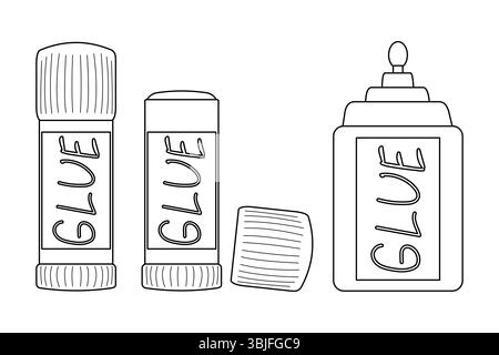 Ausmalseite mit Umrisszeichnung verschiedener Arten von Schulhandwerkstoffen Set mit Klebesticks und Flüssigkleberflasche. Zur Unterhaltung der Kinder-Aktivität Stock Vektor