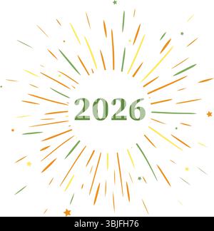 Buntes Feuerwerk 2026 Happy New Year, Komposition isoliert. Abbildung der grafischen Vektorfarbe. Abstraktes geometrisches Design. Konzept für Urlaub gre Stock Vektor