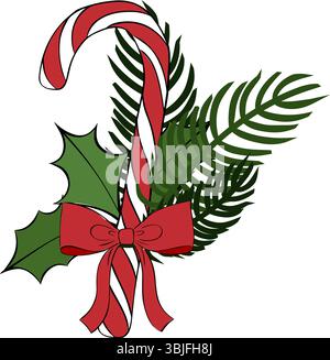 Süßigkeiten-Stab mit Tannenzweigen und roter Bandzusammensetzung isoliert. Abbildung der grafischen Vektorfarbe. Weihnachtsdeko für Poster, Flyer, B Stock Vektor