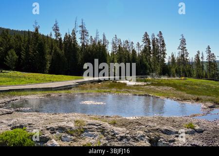 Kleiner See mit kochendem Wasser im geothermischen Bereich der Terrace Springs im Yellowstone National Park. Keine Personen. Stockfoto