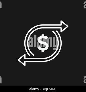 Dollaranzeigekreis mit kreisförmigen Pfeilen auf schwarzem Hintergrund, die Cashback oder Geldwechsel darstellen, weißes Umrisssymbol Stock Vektor