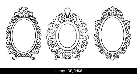 Handgezeichnete ovale Spiegelrahmen-Linie. Skizzenstil sehr detaillierte Umrissrahmen. Viktorianische Wanddekoration im Vintage-Stil. Vektordarstellungen isoliert Stock Vektor